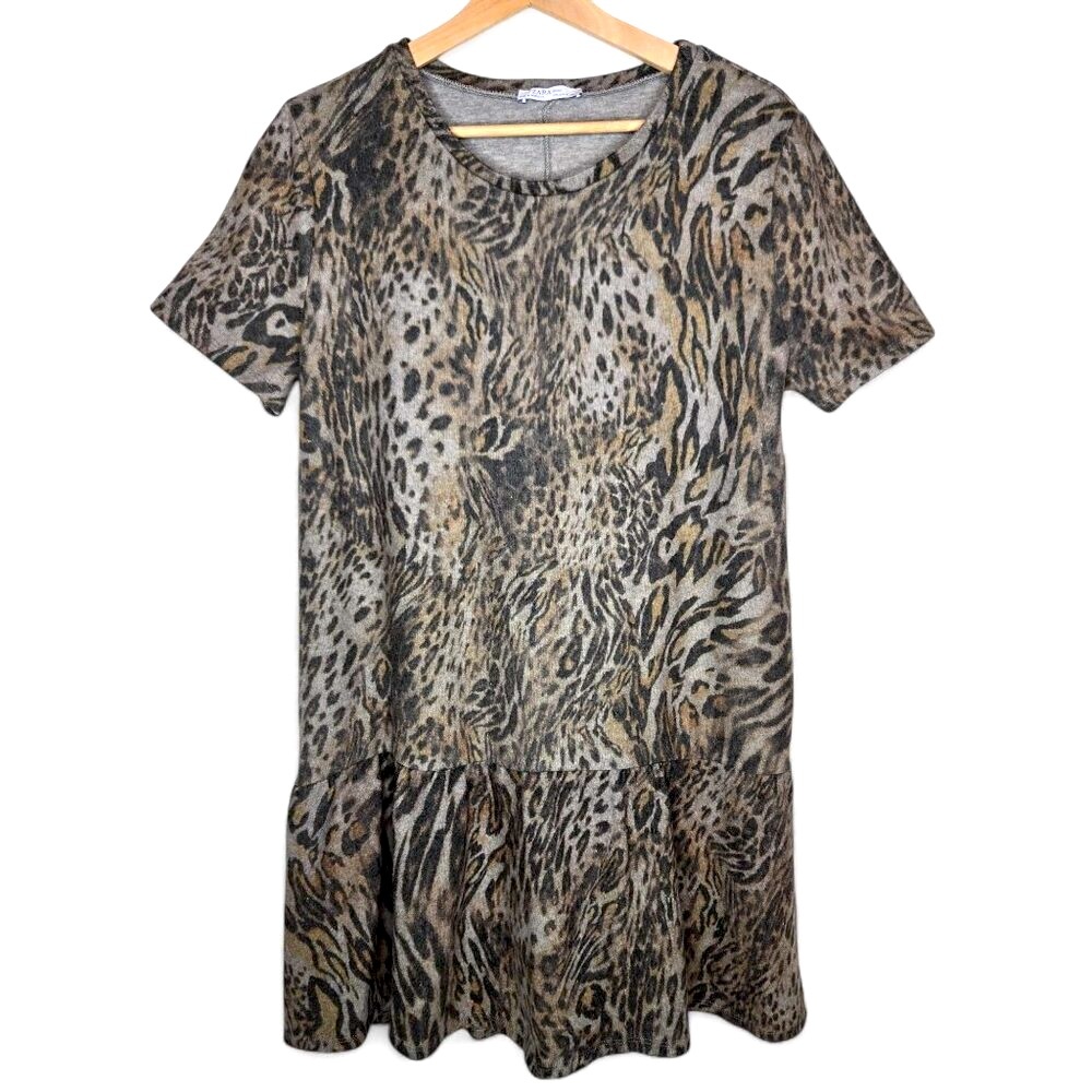 Zara Wild Animal Print Fuzzy Soft Mini Dress Women's Jersey Lined Ruffle Hem XL